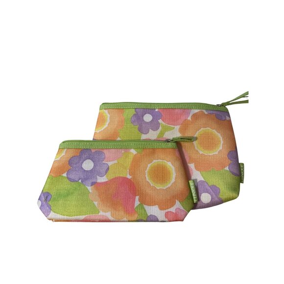 Floral Canvas Zippered Pouch Set With Wrist Strap Spring Pastel Colors Durable & - Picture 2 of 3